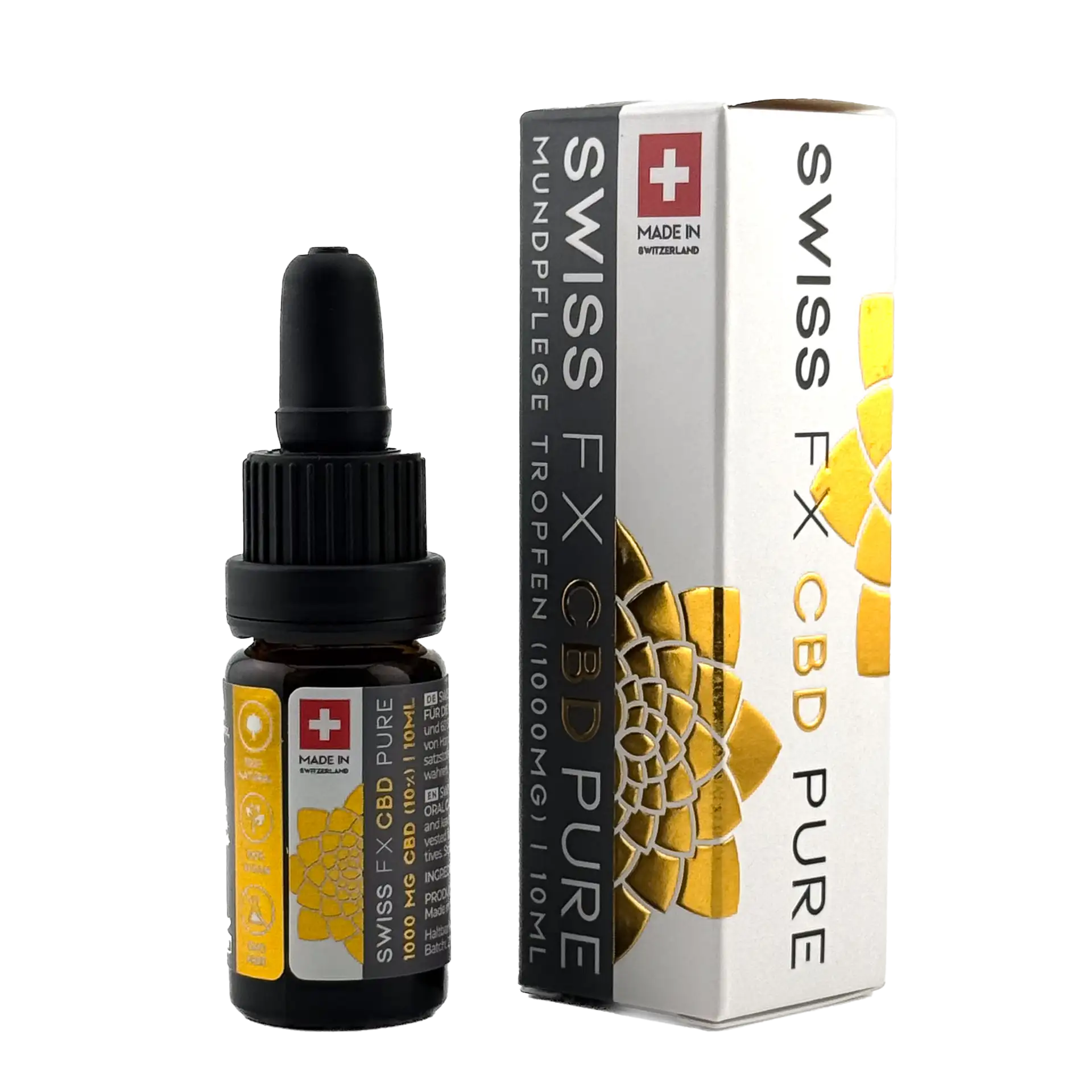 Eine 10 ml Flasche Swiss FX CBD Pure Mundpflege Tropfen 10%, 1000mg, Vollspektrum CBD-Öl, hochwertige Schweizer Qualität