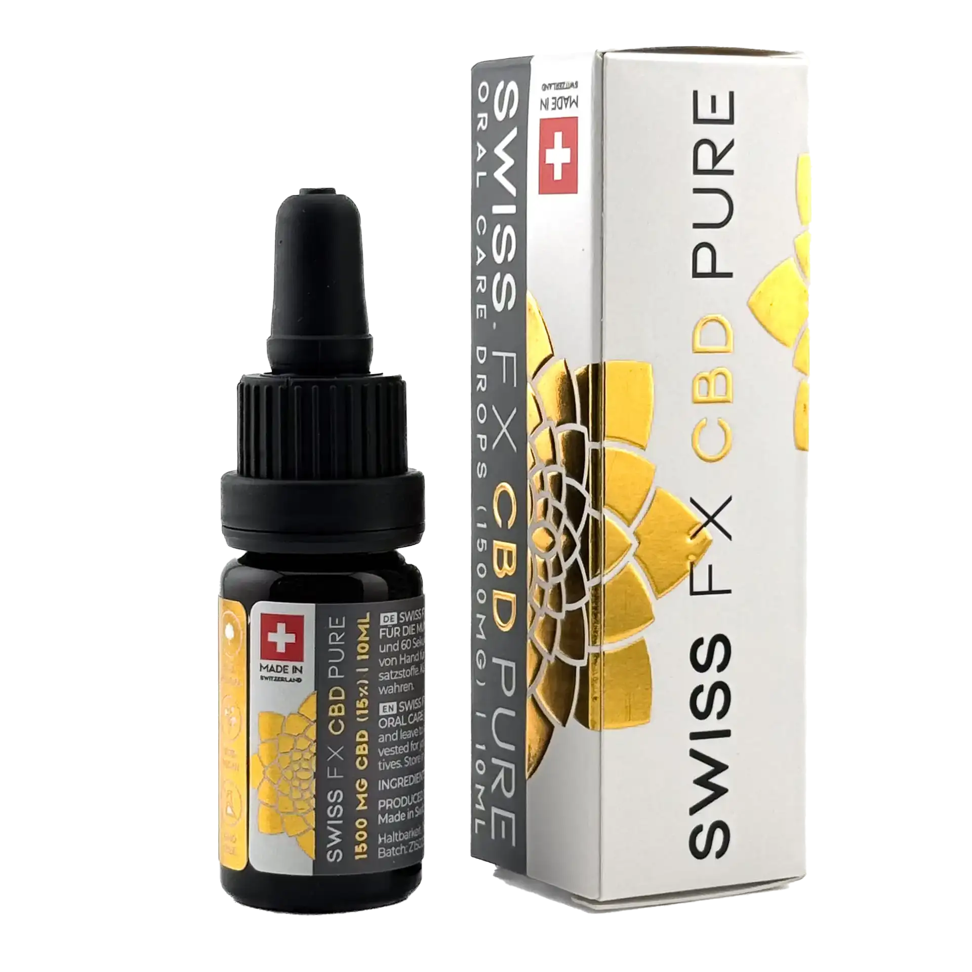 Eine 10 ml Flasche Swiss FX CBD Pure Mundpflege Tropfen 15%, 1000mg, Vollspektrum CBD-Öl, hochwertige Schweizer Qualität