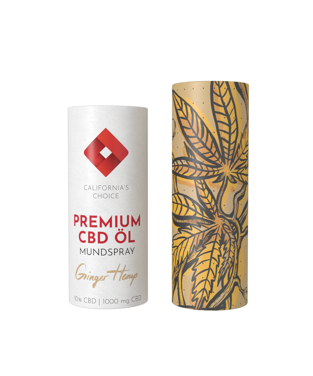 Eine Flasche California's Choice Premium CBD Öl Mundspray Ginger Hemp, 10% CBD, 1000mg, Verpackung geöffnet