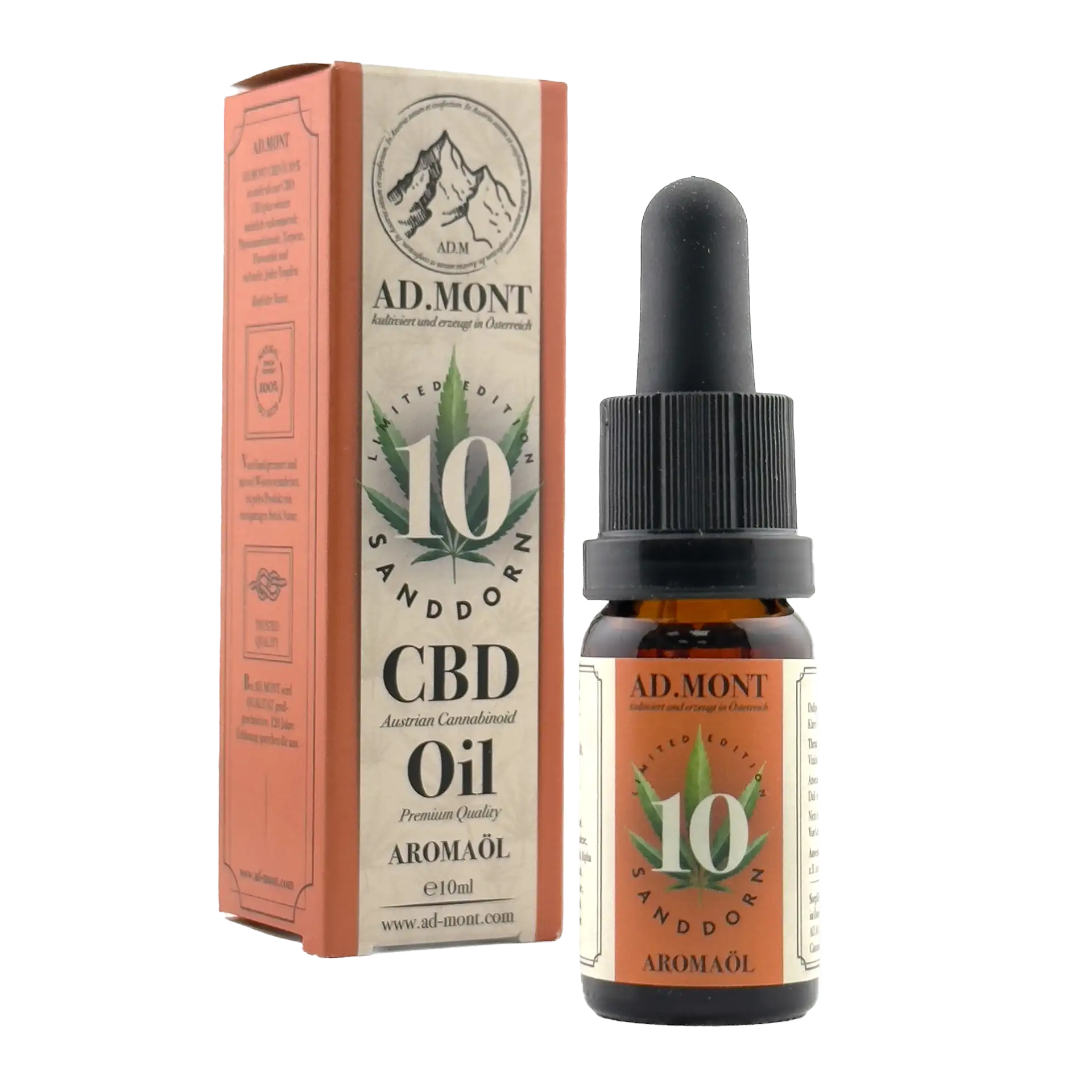 Eine Flasche AD.MONT CBD Öl 10% Sanddorn Limited Edition - Premium Qualität, österreichisches Cannabinoid Öl, 10ml Aromaöl