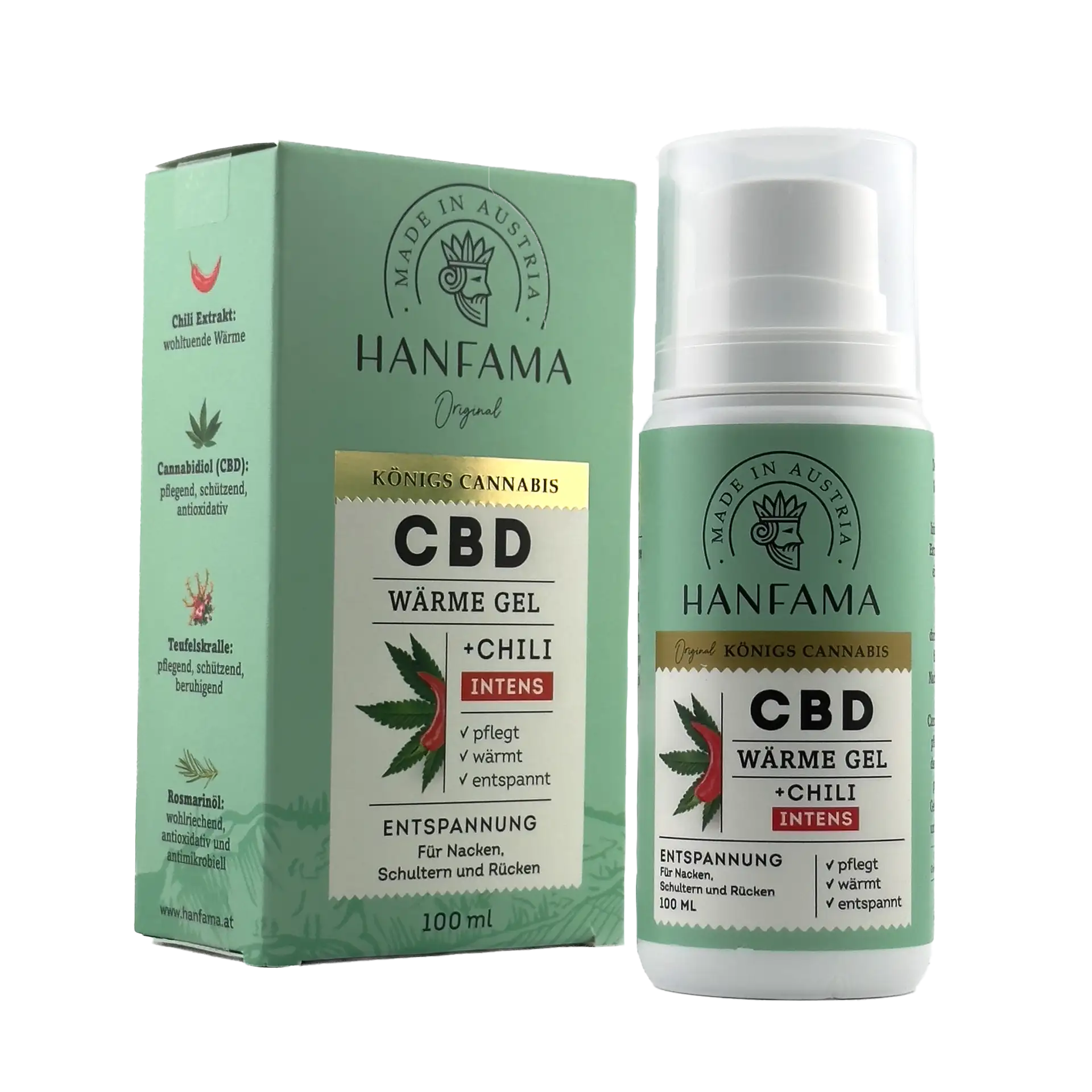 Eine Flasche Hanfama CBD Wärme Gel Intens mit Verpackung