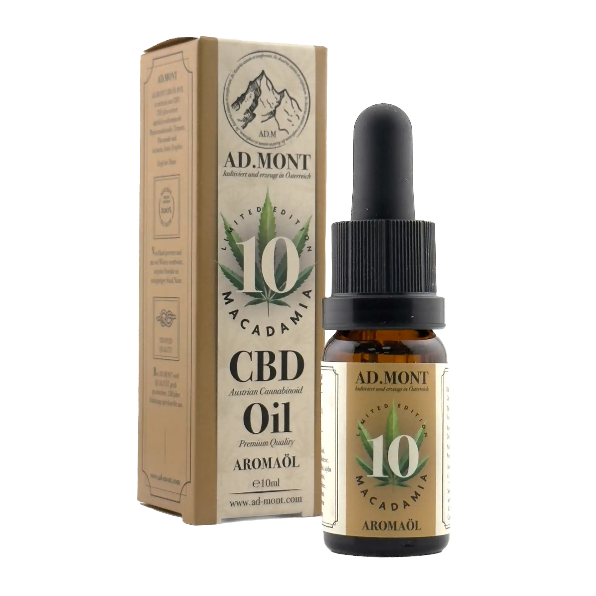 Eine Flasche AD.MONT CBD Öl 10% Macadamia Limited Edition - Premium Qualität, österreichisches Cannabinoid Öl, 10ml Aromaöl