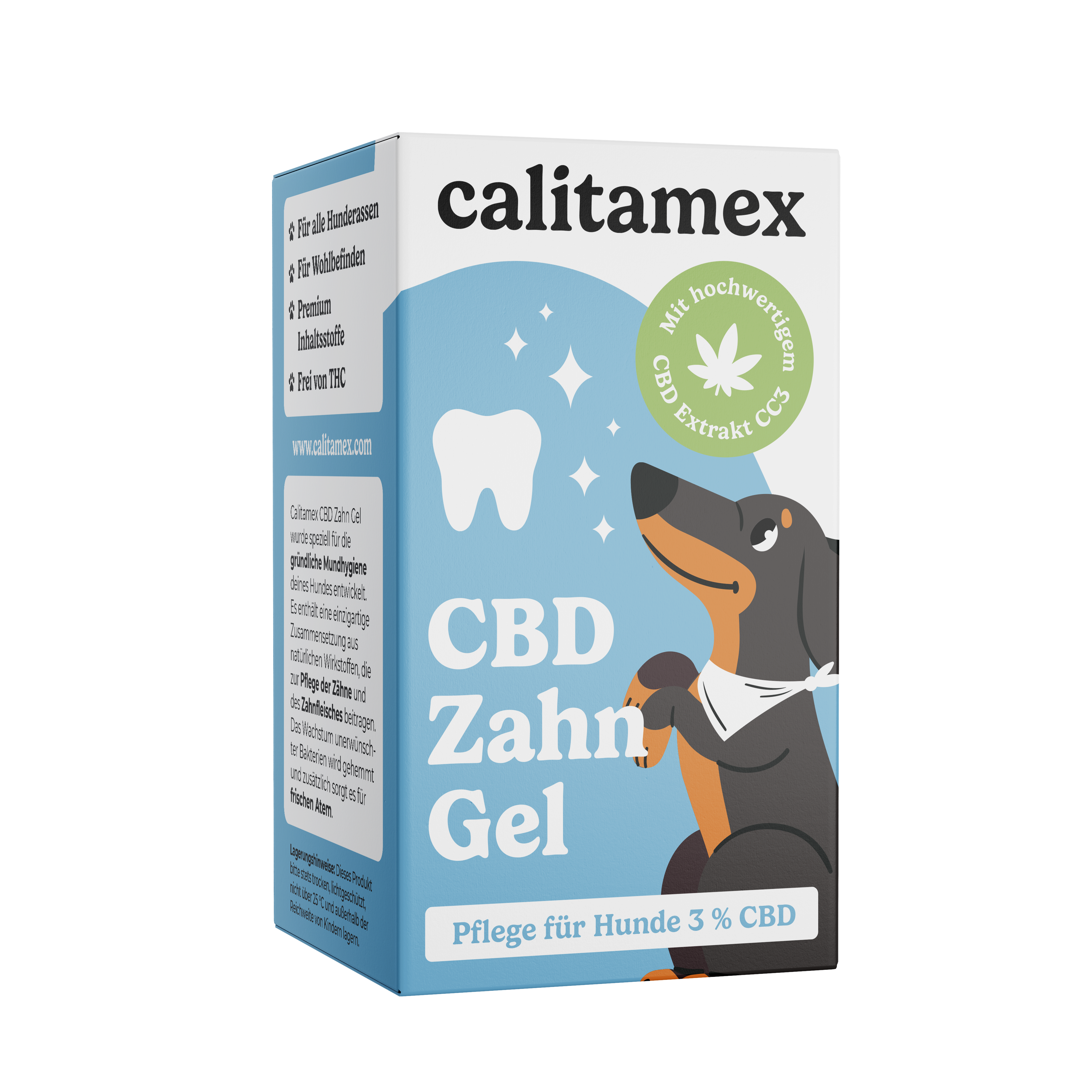 Die Verpackung des Calitamex CBD Zahn Gel