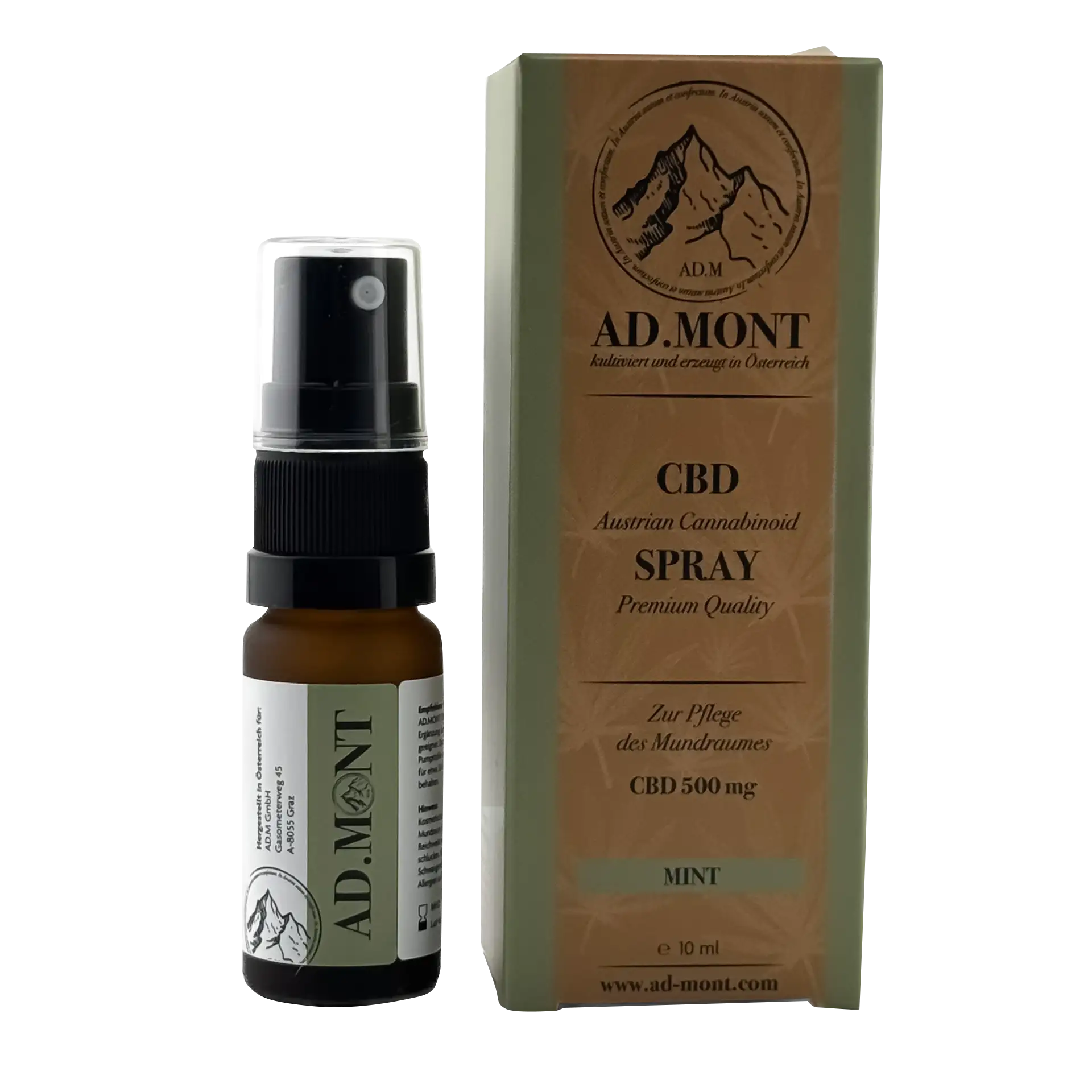 Eine Flasche AD.MONT CBD Spray Mint 10ml, 500mg CBD, hochwertiges Cannabinoid-Spray aus Österreich,