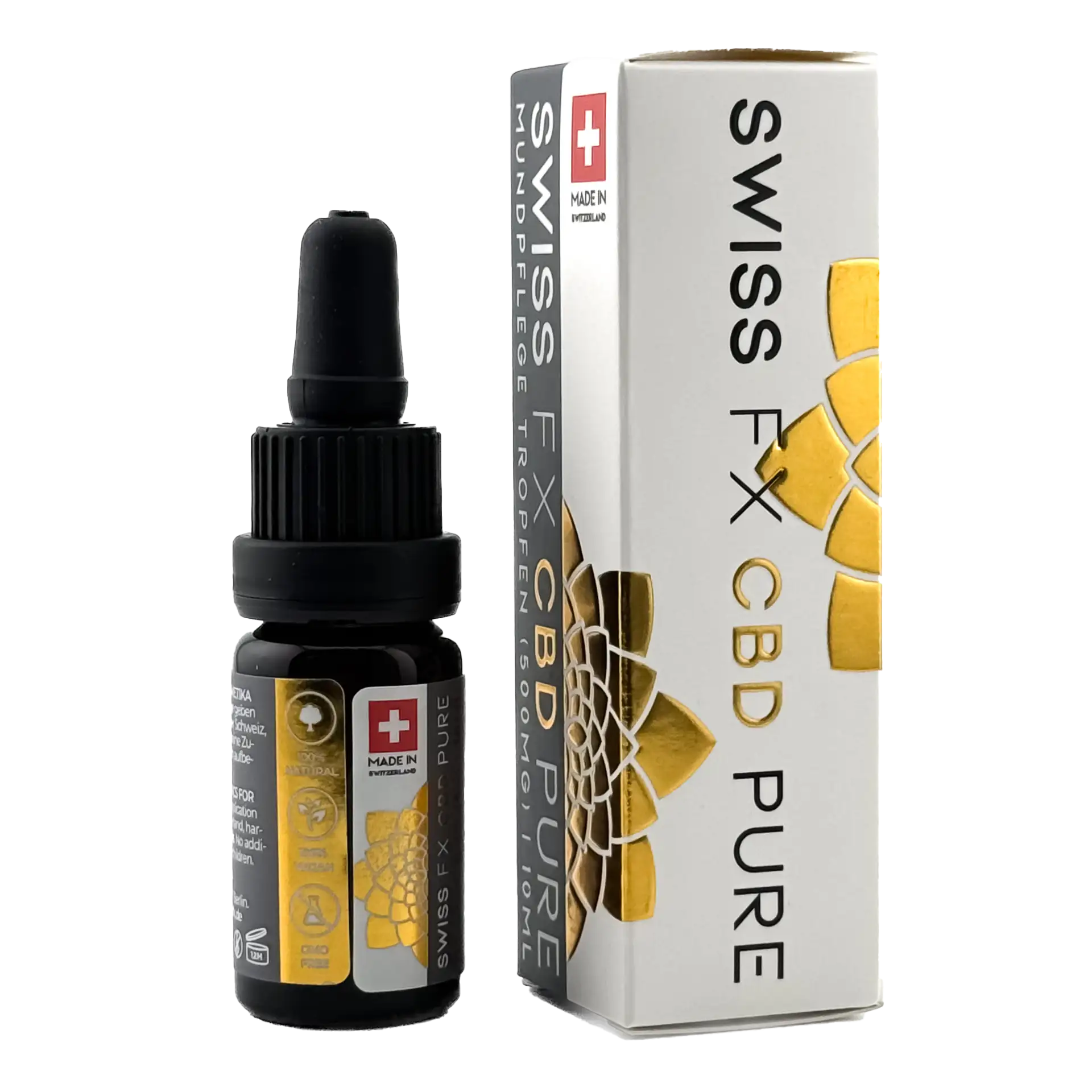 Eine 10 ml Flasche Swiss FX CBD Pure Mundpflege Tropfen 5%, 1000mg, Vollspektrum CBD-Öl, hochwertige Schweizer Qualität