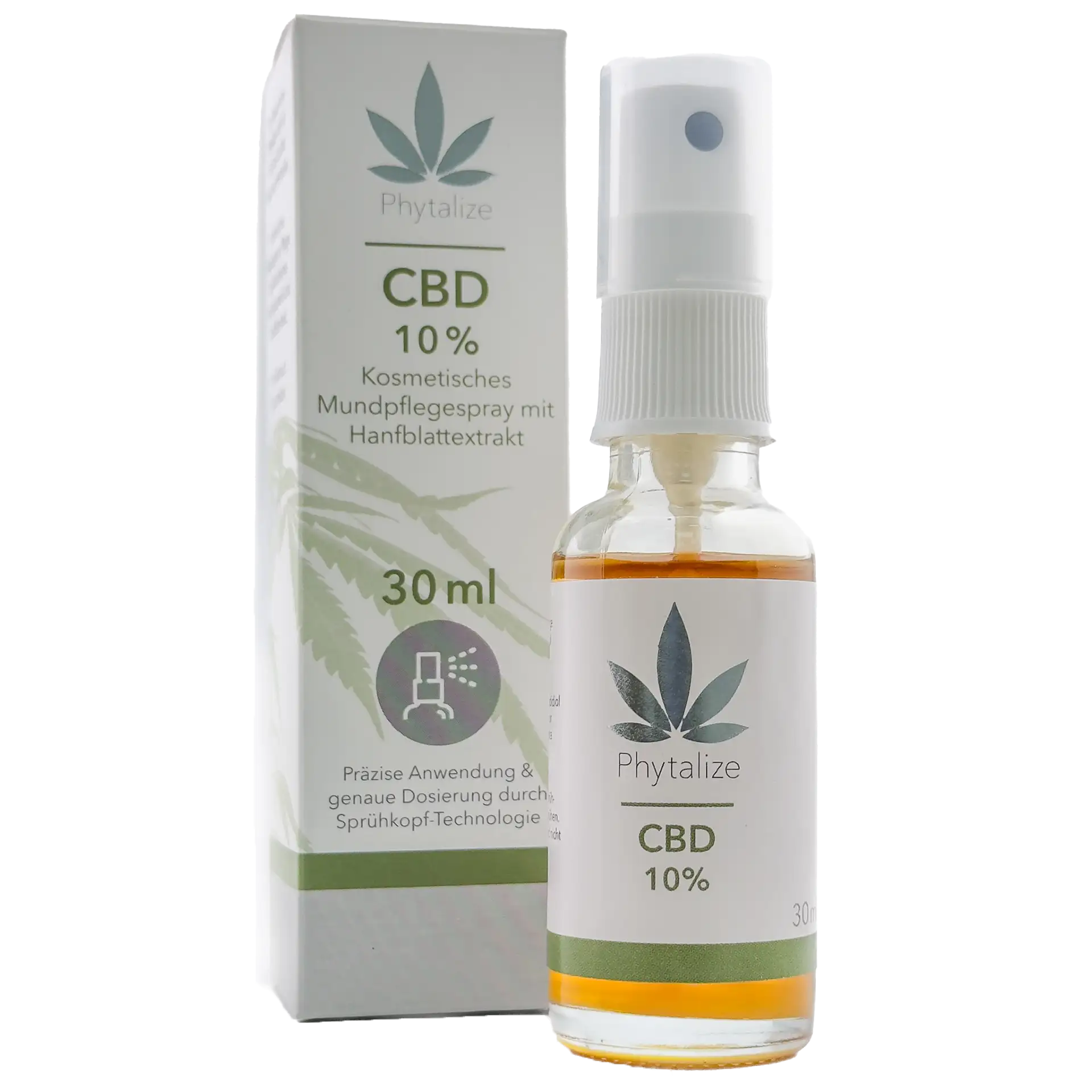 Eine 30 ml Flasche Phytalize CBD Mundpflegespray 10%, kosmetisches Spray mit Hanfblattextrakt