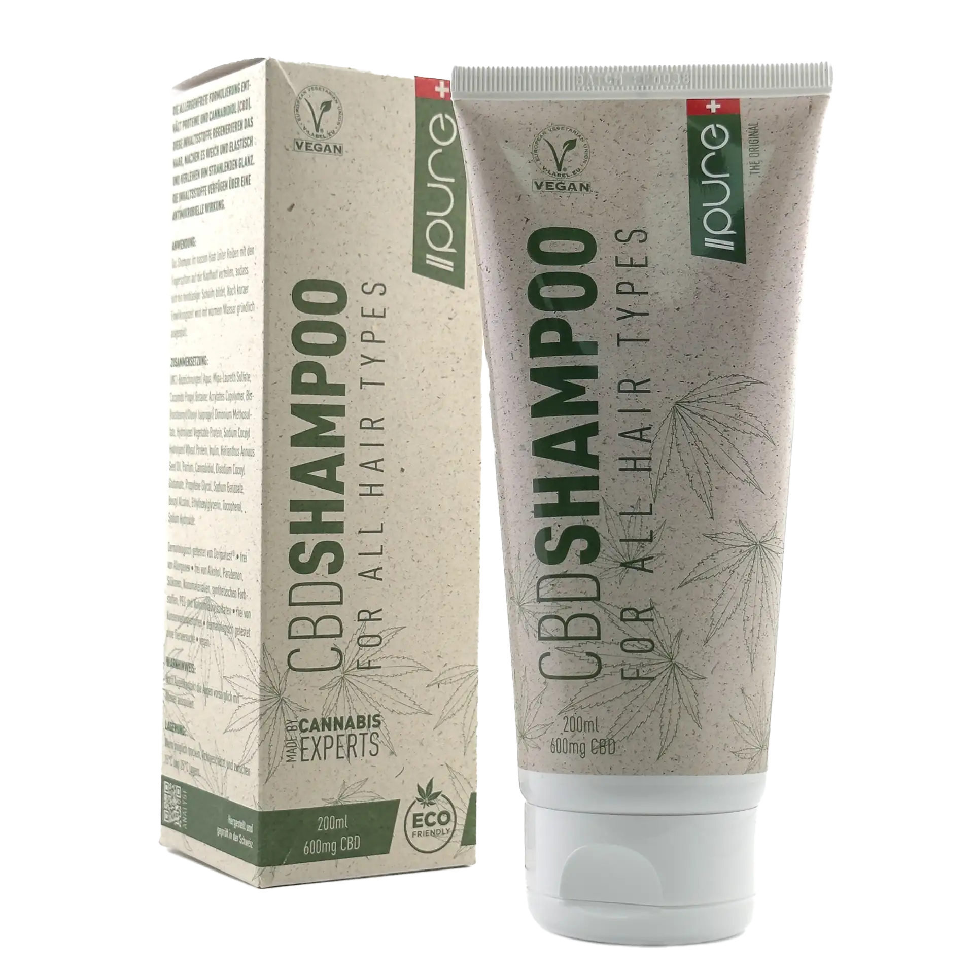 Eine Flasche PURE CBD Shampoo mit Verpackung