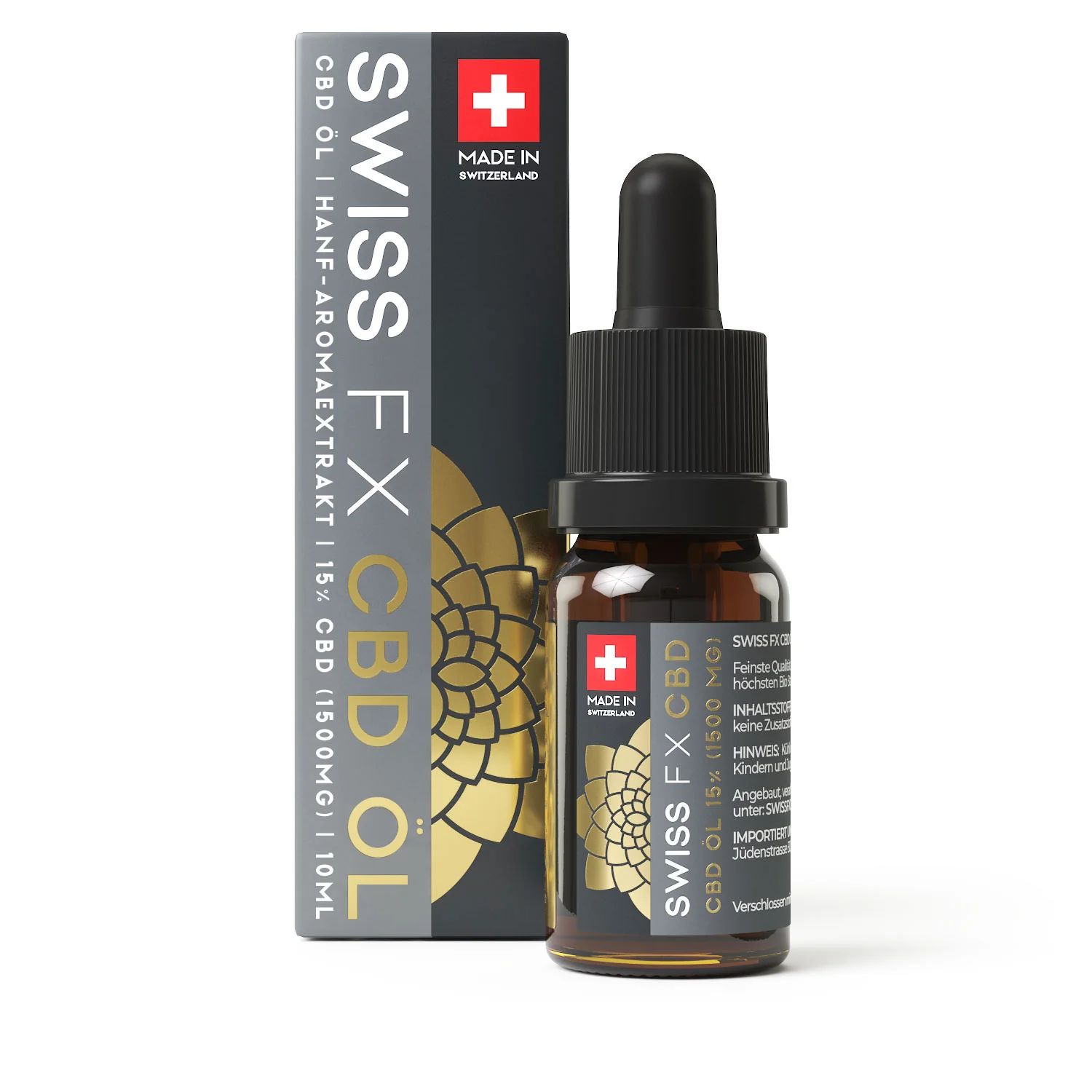 Eine 10ml Flasche Swiss FX CBD Mundpflege Tropfen 15%, Vollspektrum CBD-Öl, hochwertige Schweizer Qualität