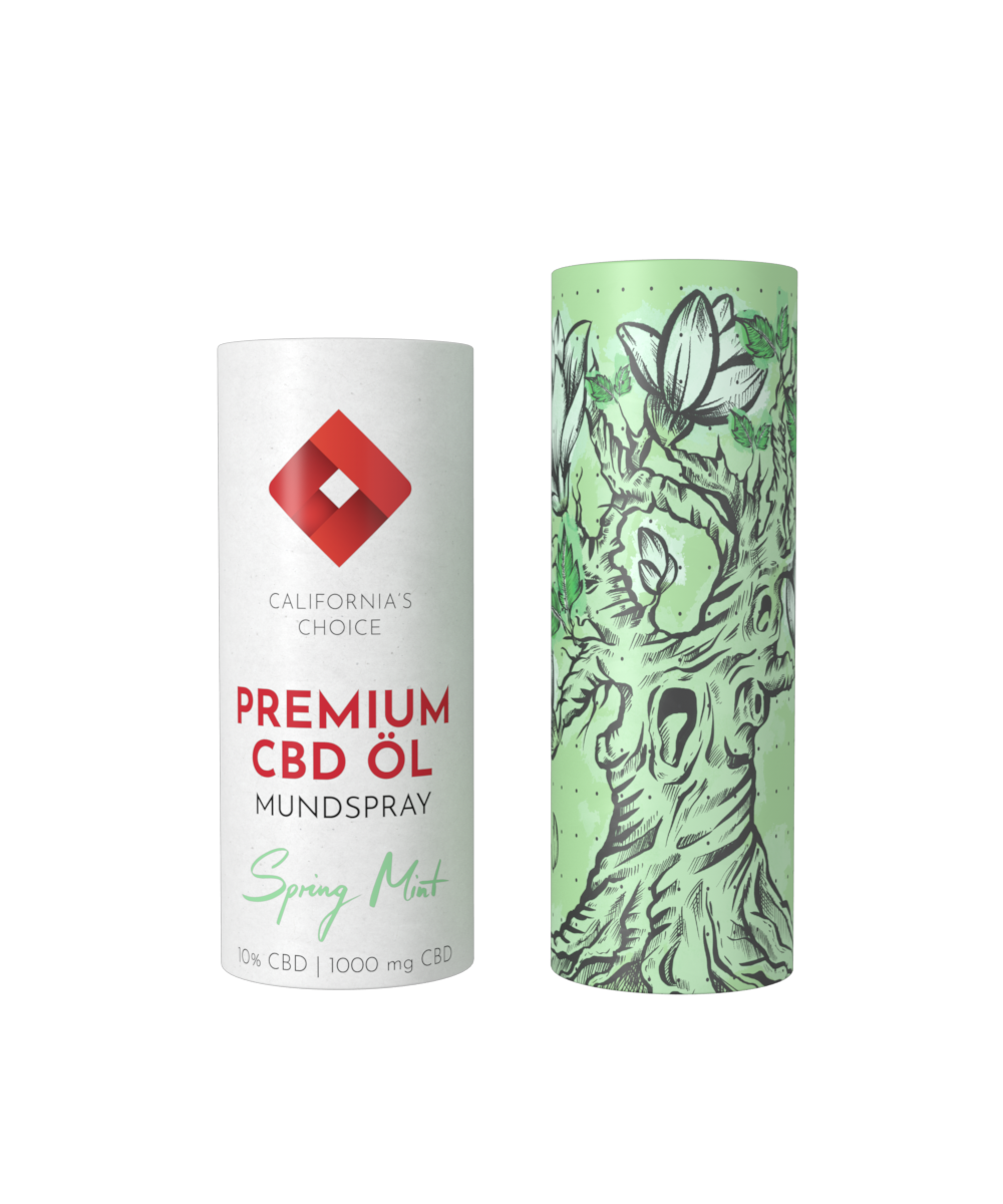 Eine Flasche California's Choice Premium CBD Öl Mundspray Spring Mint, 10% CBD, 1000mg, Verpackung geöffnet