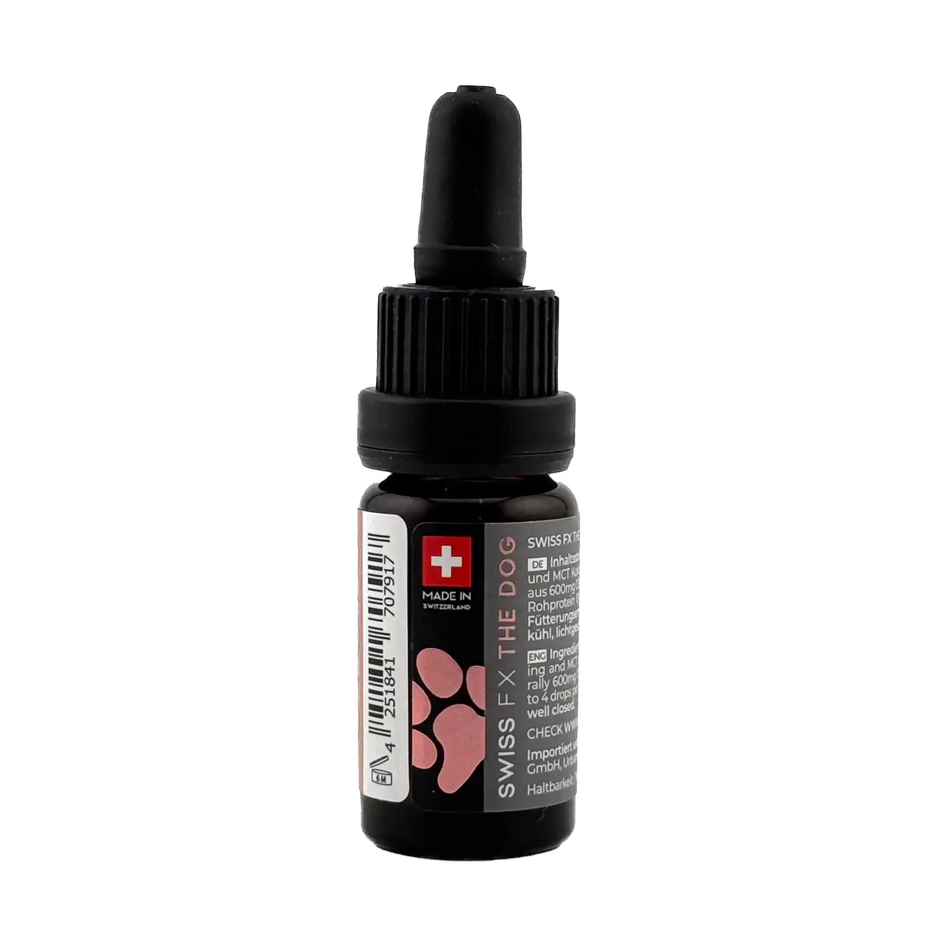 Eine 10ml Flasche SWISS FX CBD ÖL Hund 6% Lachs