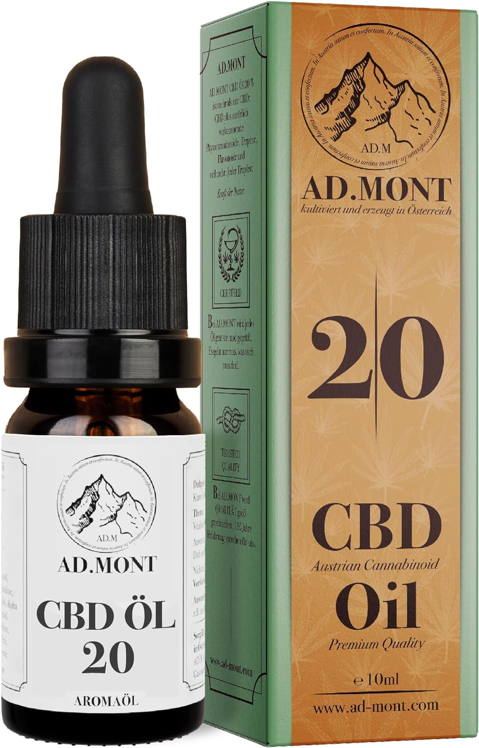 Eine Flasche AD.MONT CBD Öl 20% - Premium Qualität, österreichisches Cannabinoid Öl, 10ml Aromaöl