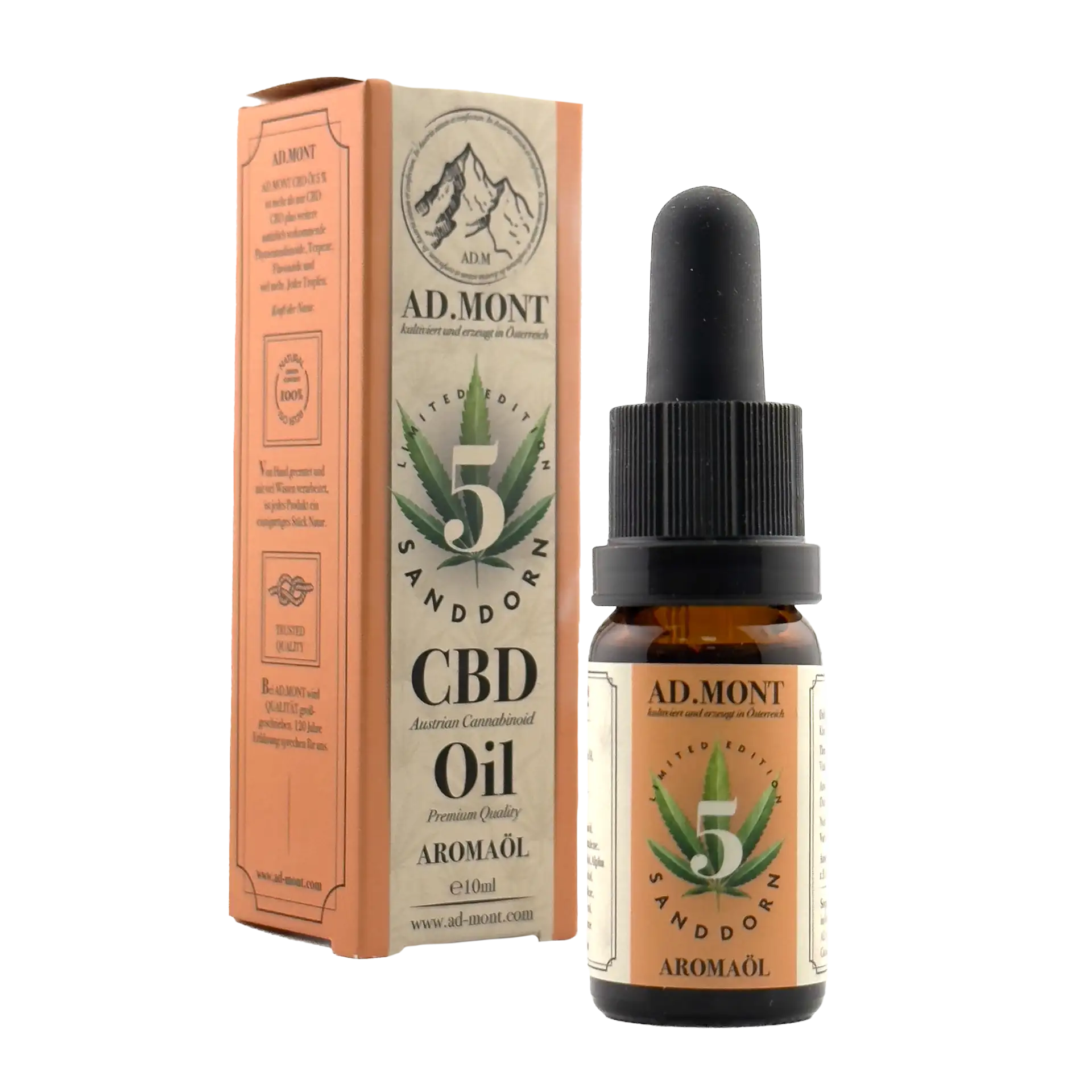 Eine Flasche AD.MONT CBD Öl 5% Sanddorn Limited Edition - Premium Qualität, österreichisches Cannabinoid Öl, 10ml Aromaöl