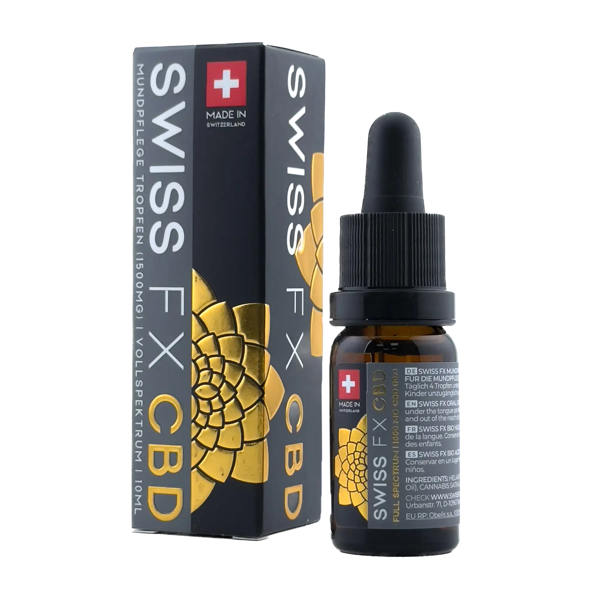 Eine 10 ml Flasche Swiss FX CBD Mundpflege Tropfen 10%, Vollspektrum CBD-Öl, hochwertige Schweizer Qualität