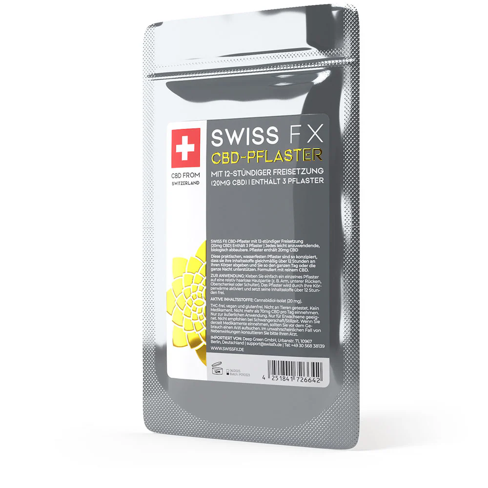 Eine Packung SWISS FX CBD Pflaster. Enthält 3 Pflaster