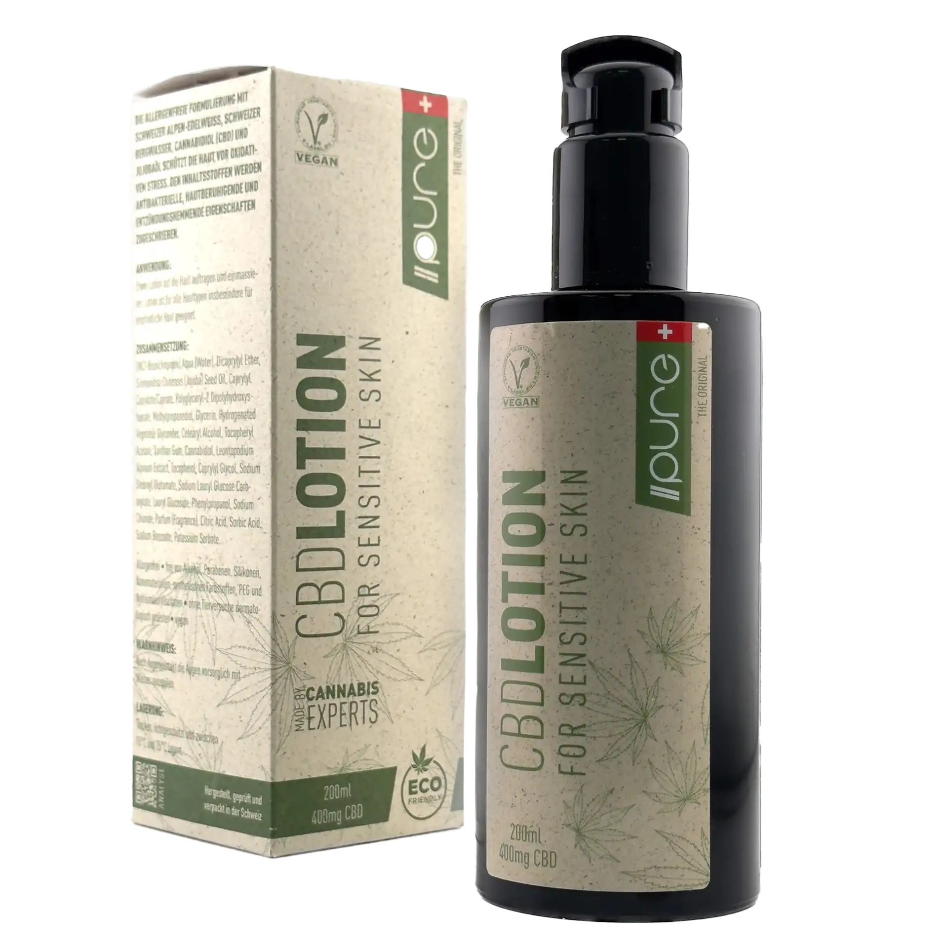 Eine Flasche PURE CBD Lotion mit Verpackung