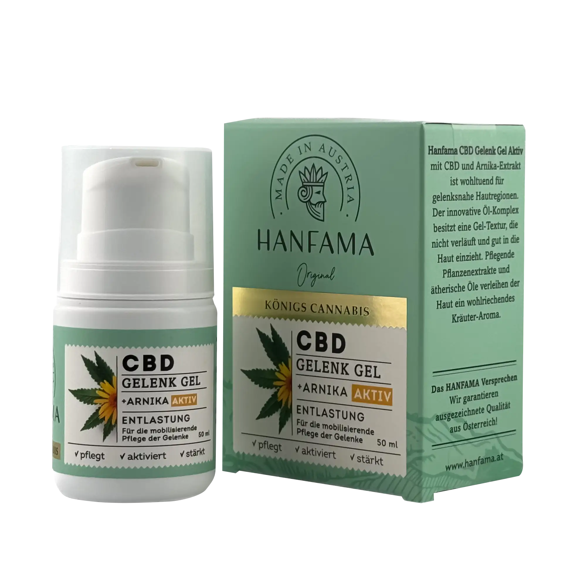 Eine Flasche Hanfama CBD Gelenk Gel Aktiv mit Verpackung