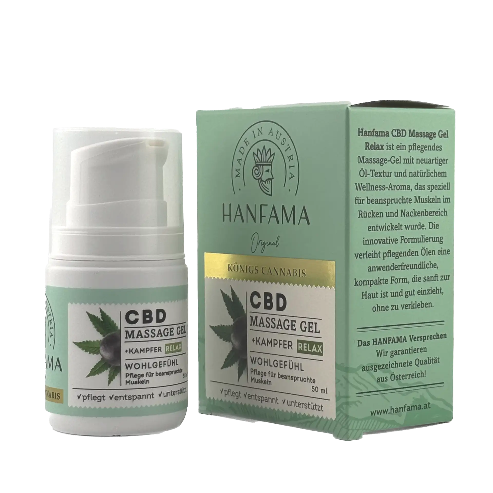 Eine Flasche Hanfama CBD Massage Gel Relax mit Verpackung