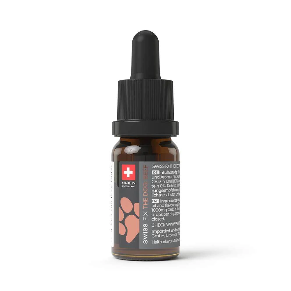 Eine 10ml Flasche SWISS FX CBD ÖL Hund 10% Rind