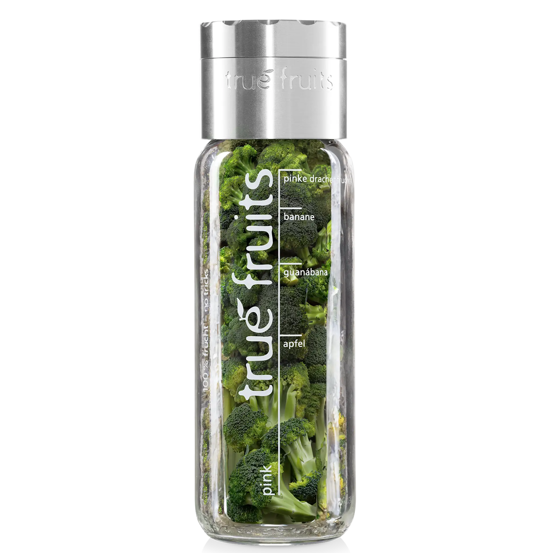 True Fruits Grinder auf True Fruits Flasche. 250ml Glasflasche mit Brokkoli