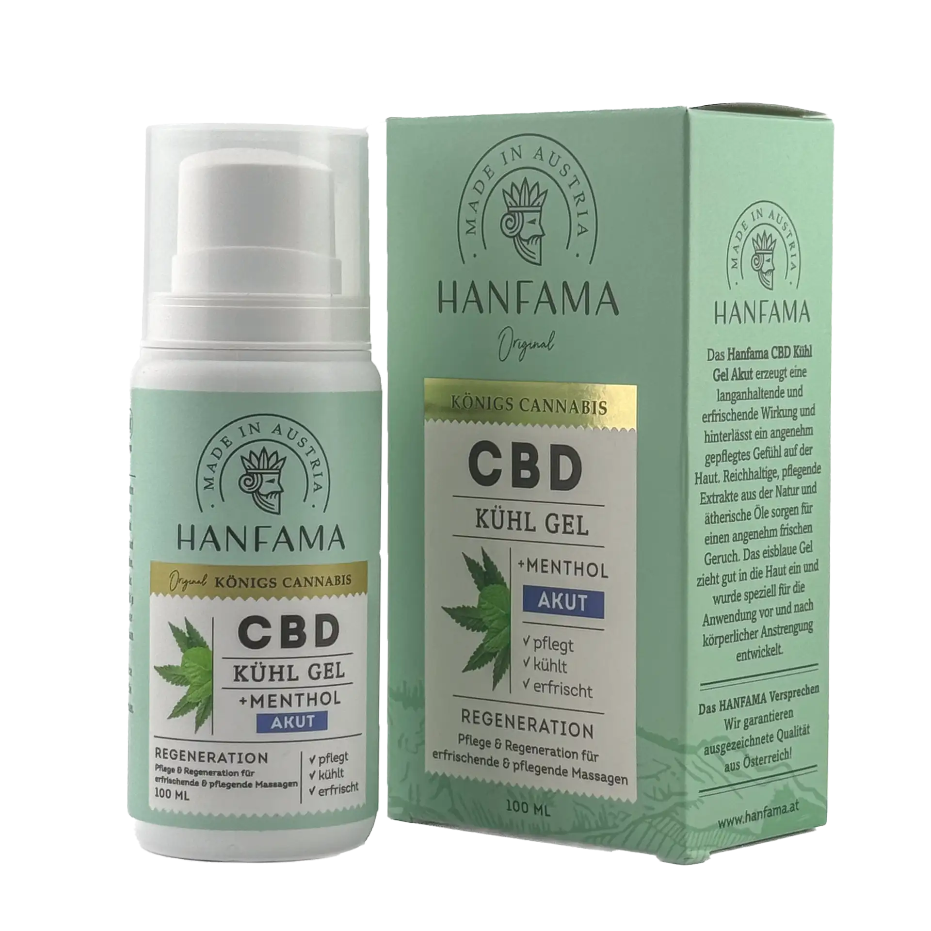 Eine Flasche Hanfama CBD Kühl Gel Akut mit Verpackung