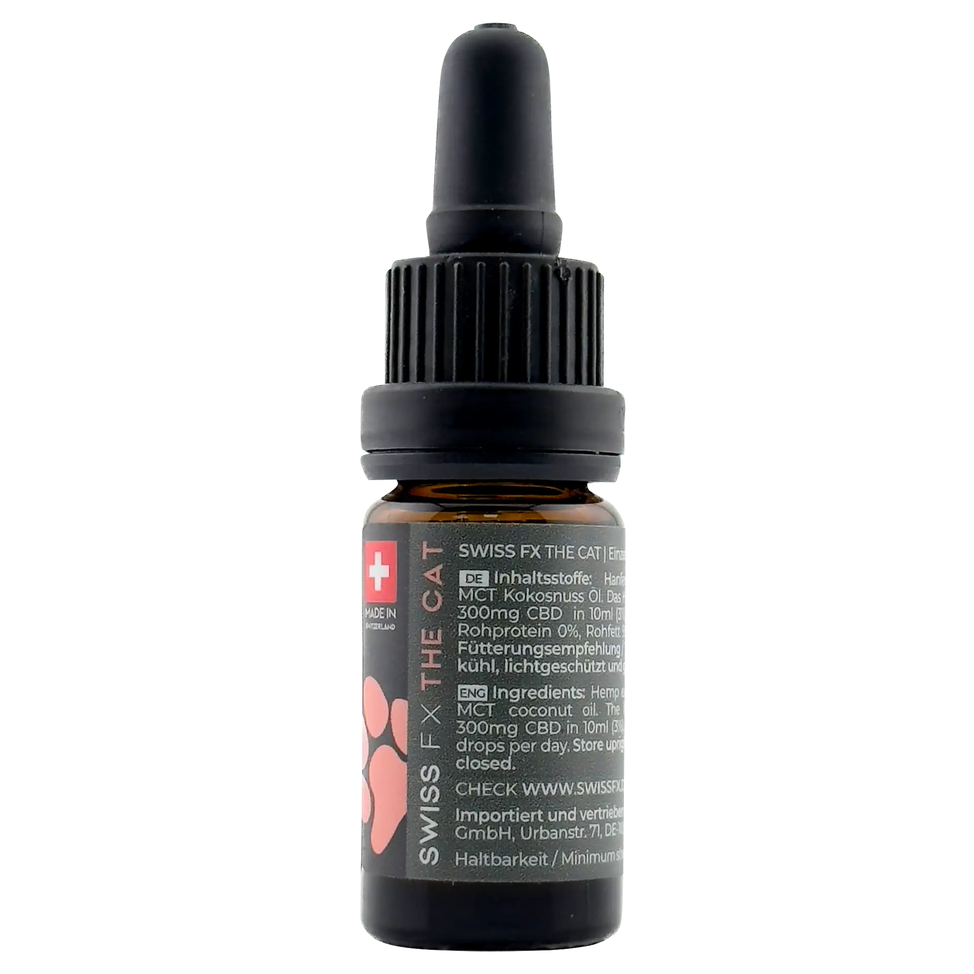 Eine 10ml Flasche SWISS FX CBD Öl Katze 3% Lachs